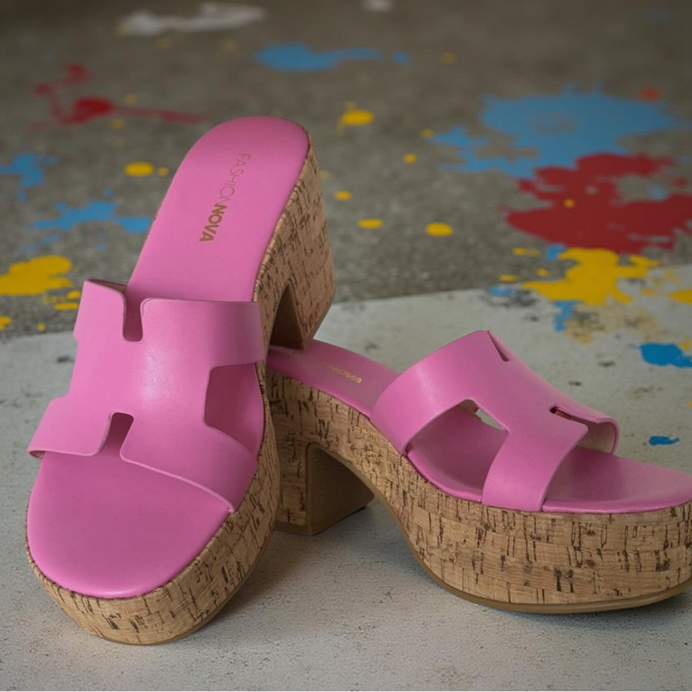 Fashion Nova Pink Platform Slides with Cork Wedge